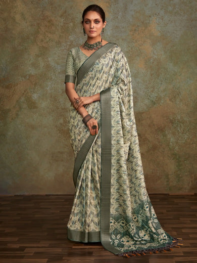 Stunning Off-White Digital Printed Silk Traditional Saree With Blouse